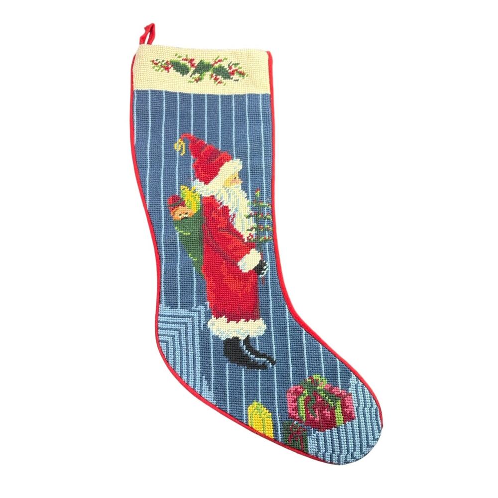 Vtg Needlepoint design Christmas Hanging Stocking- Santa Sack Gifts Blue 19"